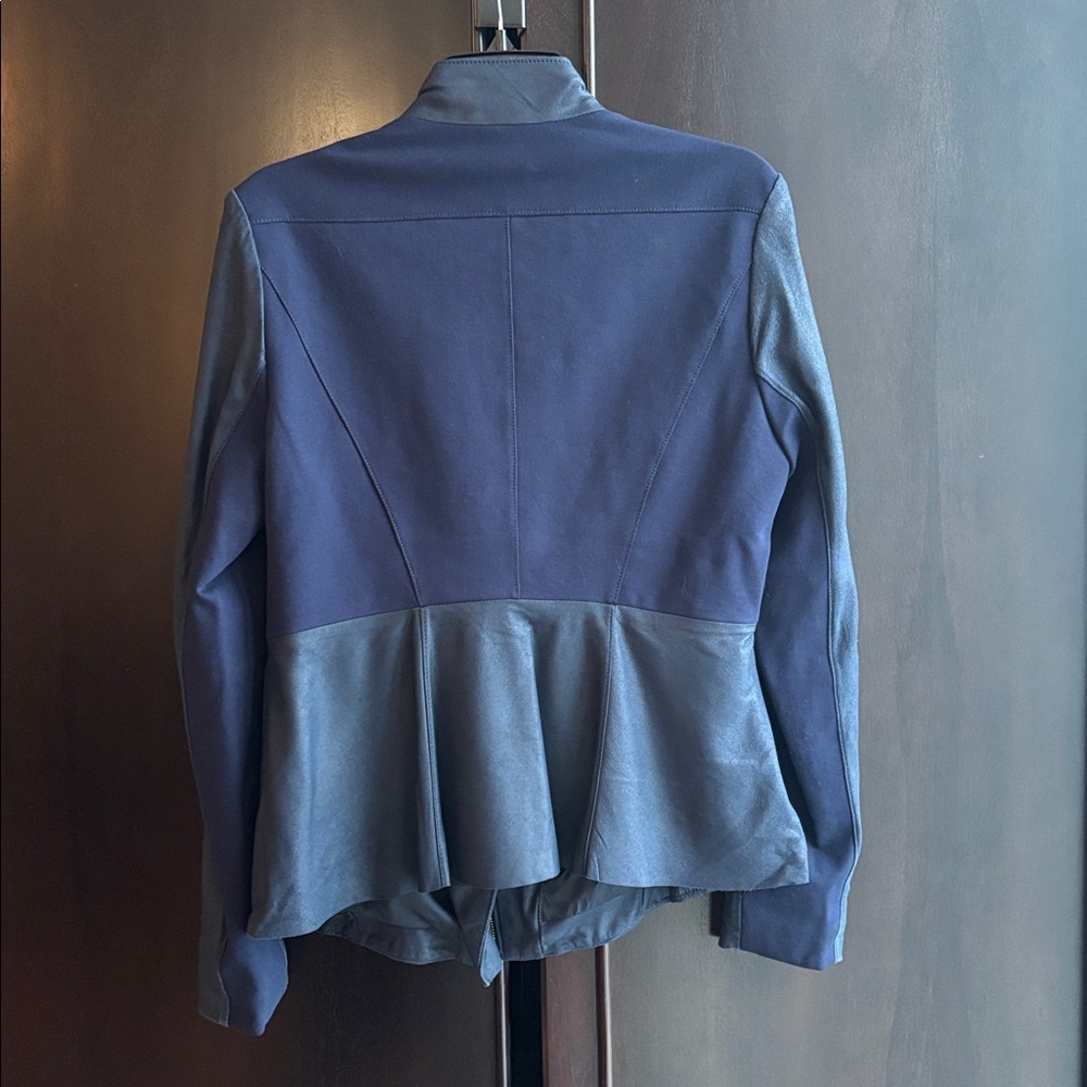 Via Spiga Blue Leather & Knit Peplum-Back Moto Jacket Size M - Picture 12 of 14